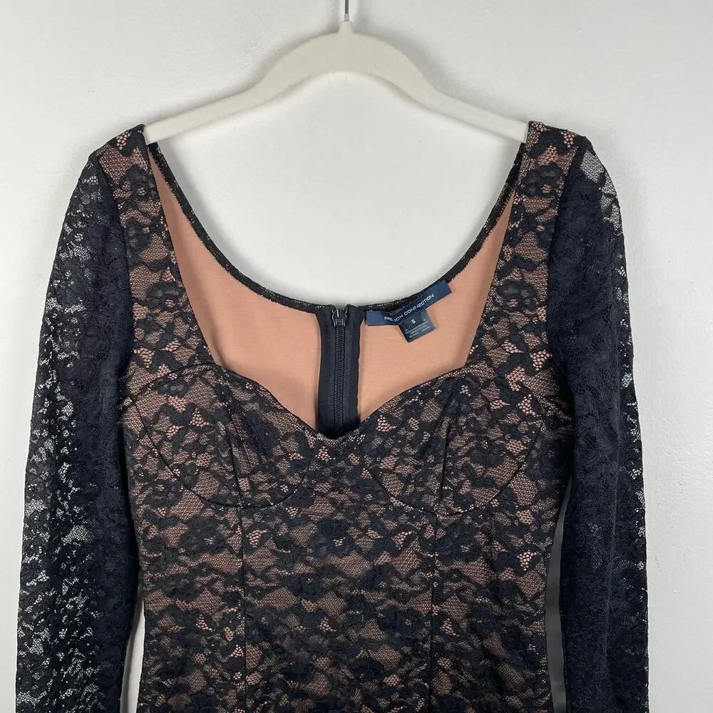 French Connection Thora Lula Long Sleeve Ponte Lace Mini Dress Size S Black NWOT